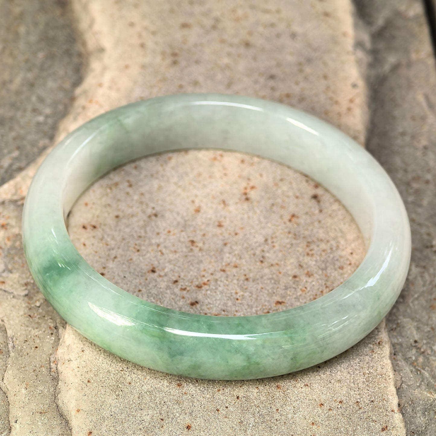 Natural Grade-A Jadeite Fine Glutinous White Base Light Green D-Shape Bangle · Burmese Jade 54mm