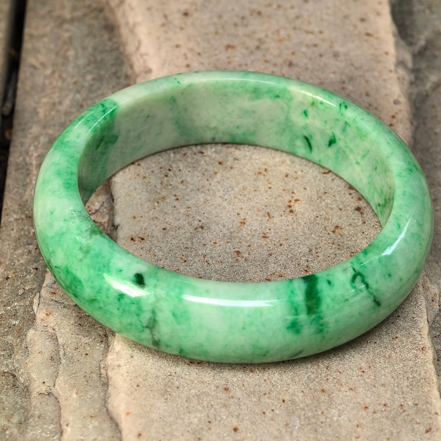 Natural Grade-A Jadeite Bean-Glutinous Green Tire D-shape Bangle · Burmese Jade 57mm