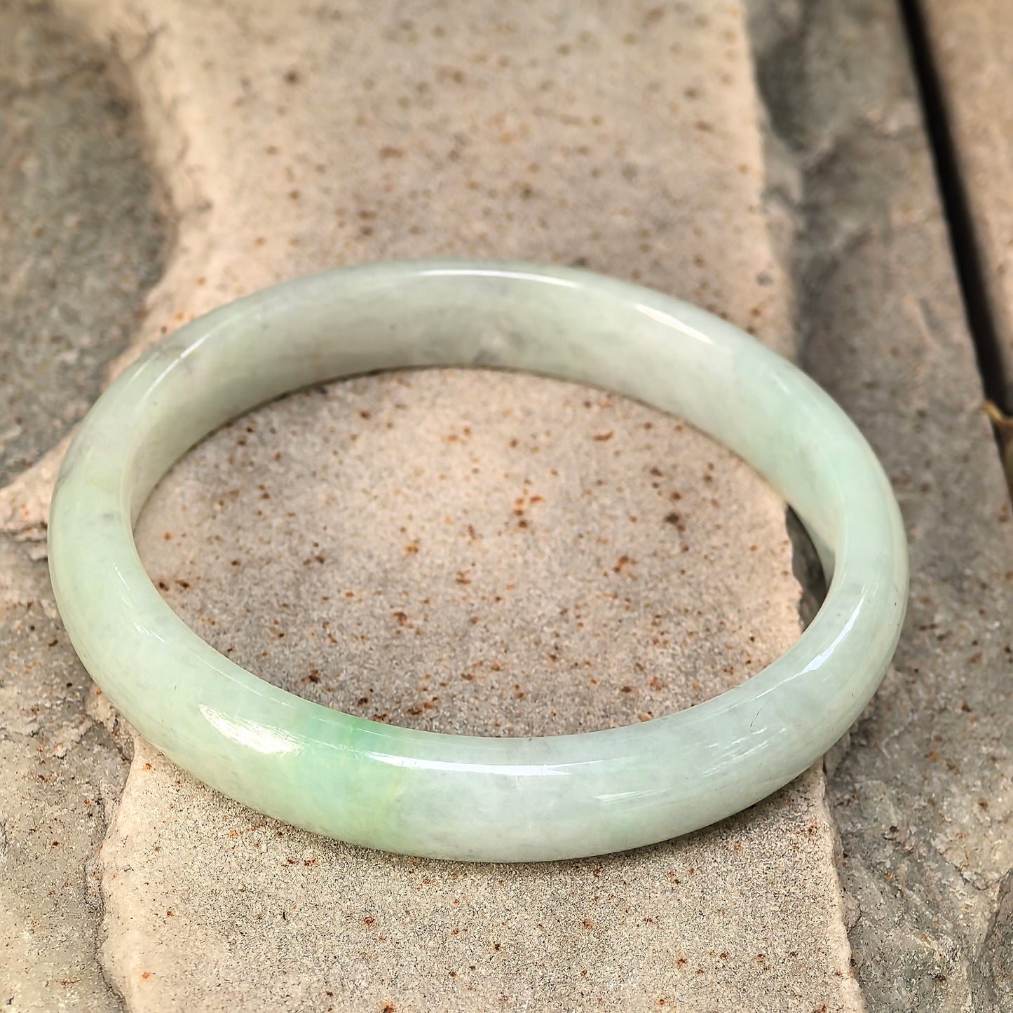 Natural Grade-A Jadeite Glutinous Pale Green D-Shape Bangle · Burmese Jade 57mm
