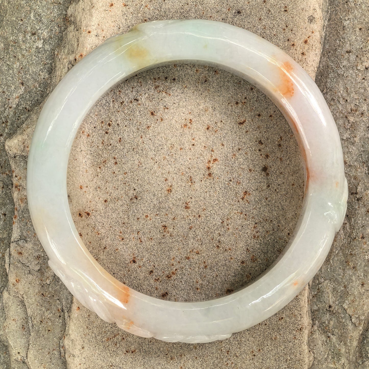 Natural Grade-A Jadeite Glutinous “Golden Splash” Carved D-shape Bangle ·Burmese Jade 55mm