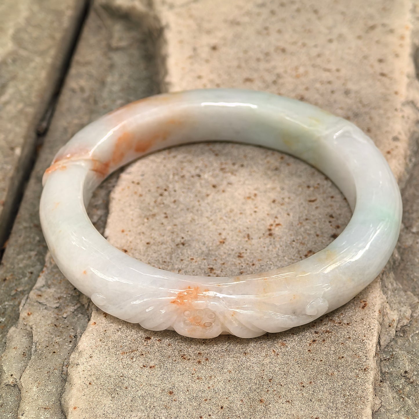 Natural Grade-A Jadeite Glutinous “Golden Splash” Carved D-shape Bangle ·Burmese Jade 55mm
