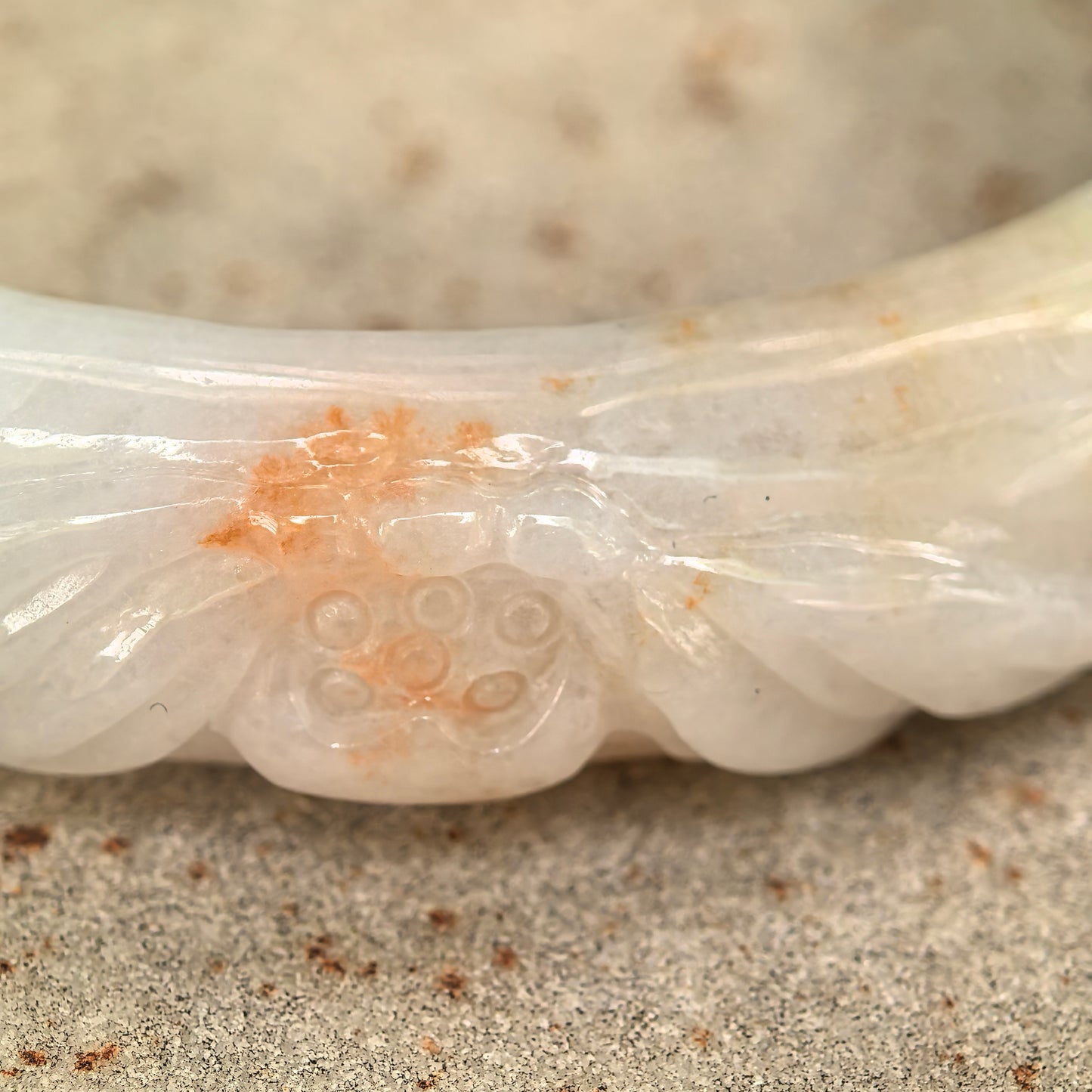 Natural Grade-A Jadeite Glutinous “Golden Splash” Carved D-shape Bangle ·Burmese Jade 55mm