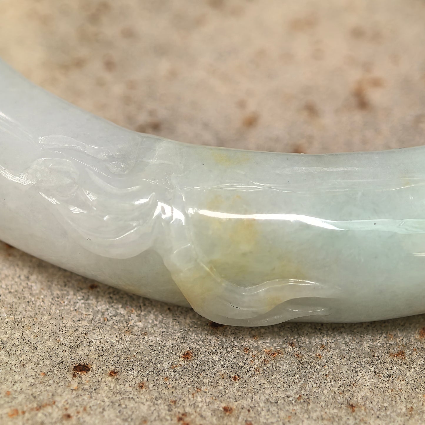 Natural Grade-A Jadeite Glutinous “Golden Splash” Carved D-shape Bangle ·Burmese Jade 55mm