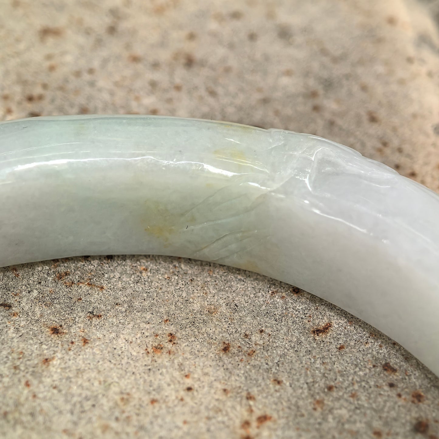 Natural Grade-A Jadeite Glutinous “Golden Splash” Carved D-shape Bangle ·Burmese Jade 55mm