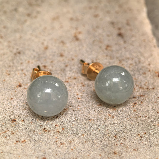 Natural Grade-A Jadeite Glutinous Pale Green Bead Stud Earrings in 18K Gold · Burmese Jade