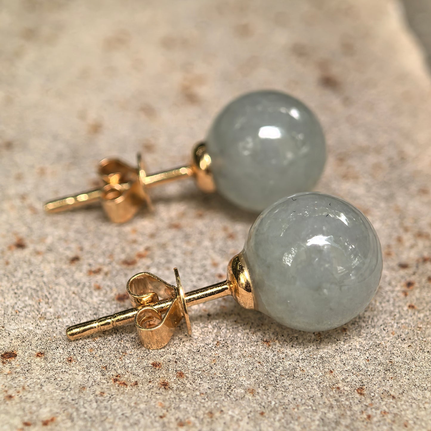 Natural Grade-A Jadeite Glutinous Pale Green Bead Stud Earrings in 18K Gold · Burmese Jade