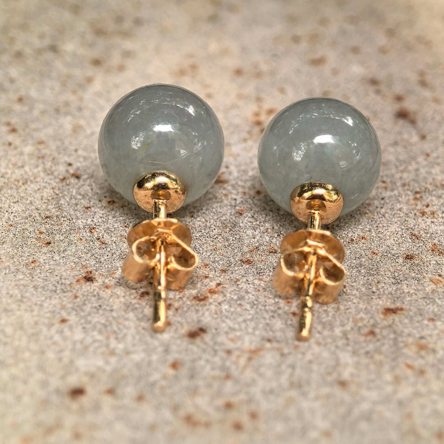 Natural Grade-A Jadeite Glutinous Pale Green Bead Stud Earrings in 18K Gold · Burmese Jade