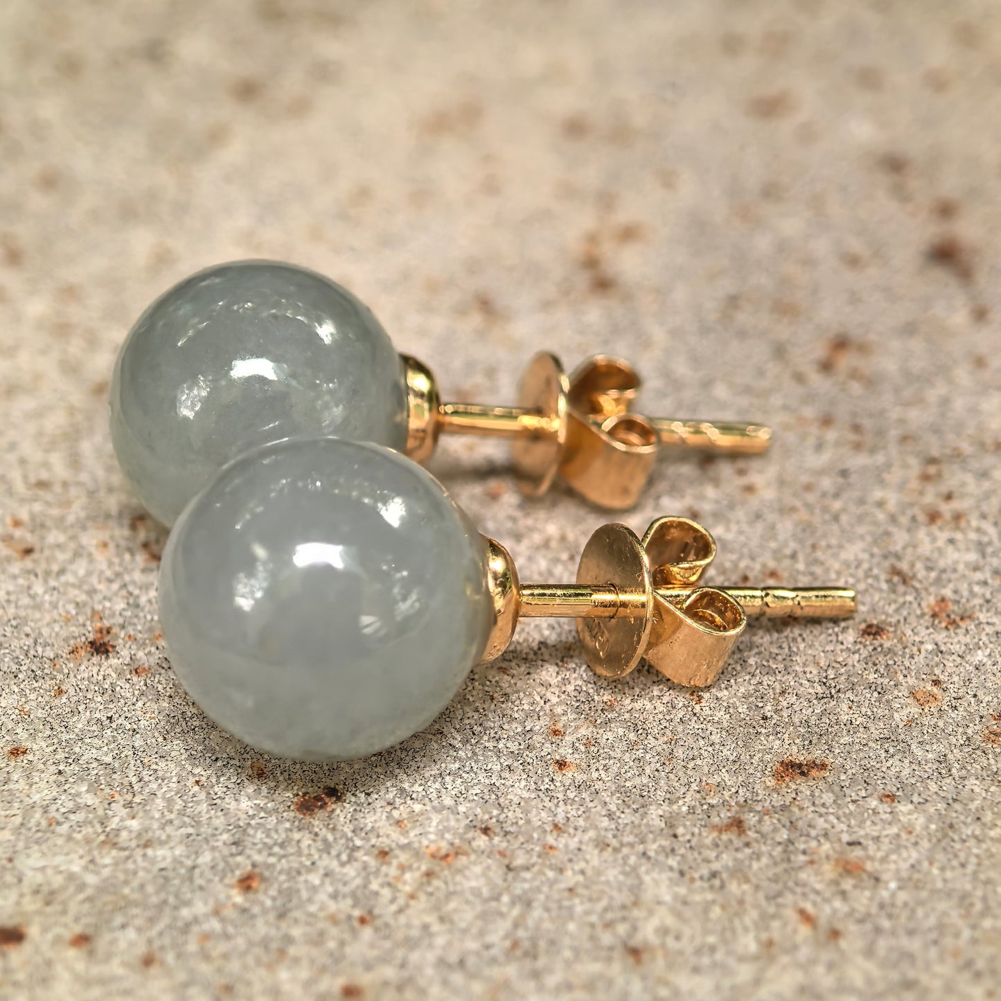 Natural Grade-A Jadeite Glutinous Pale Green Bead Stud Earrings in 18K Gold · Burmese Jade