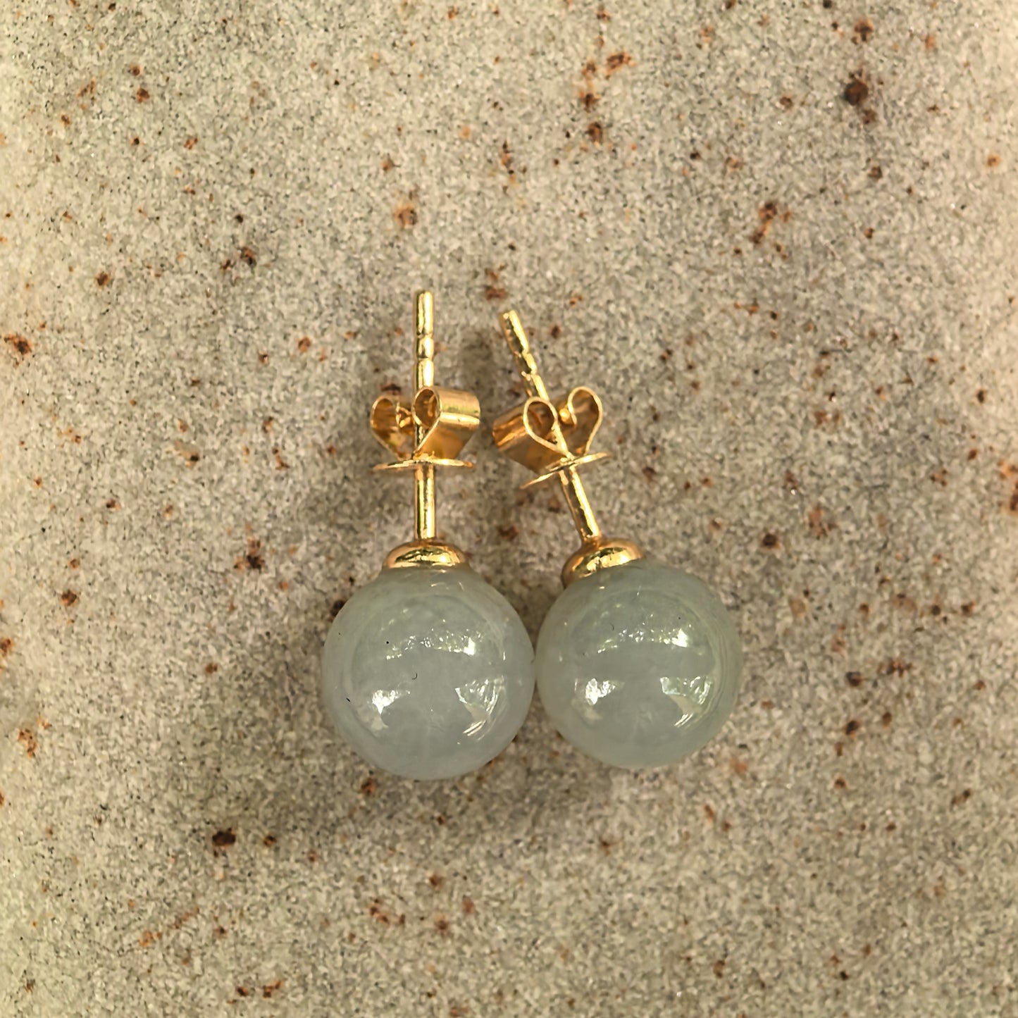 Natural Grade-A Jadeite Glutinous Pale Green Bead Stud Earrings in 18K Gold · Burmese Jade