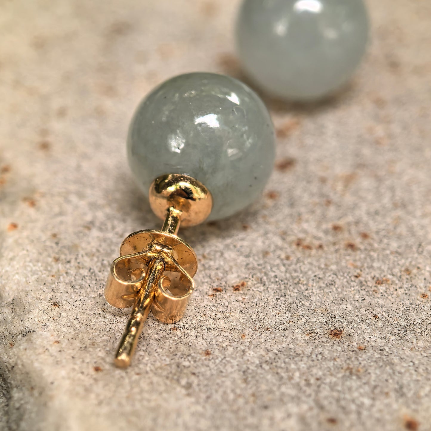 Natural Grade-A Jadeite Glutinous Pale Green Bead Stud Earrings in 18K Gold · Burmese Jade