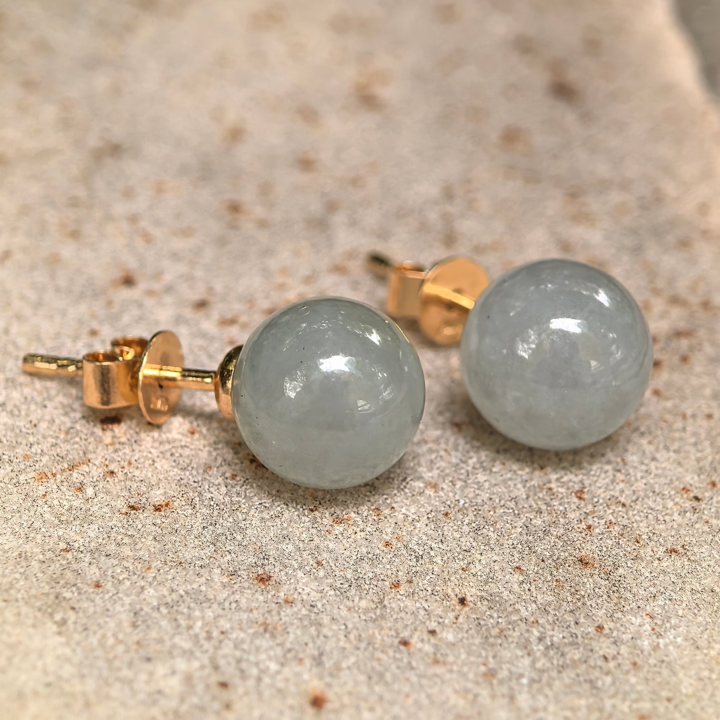 Natural Grade-A Jadeite Glutinous Pale Green Bead Stud Earrings in 18K Gold · Burmese Jade