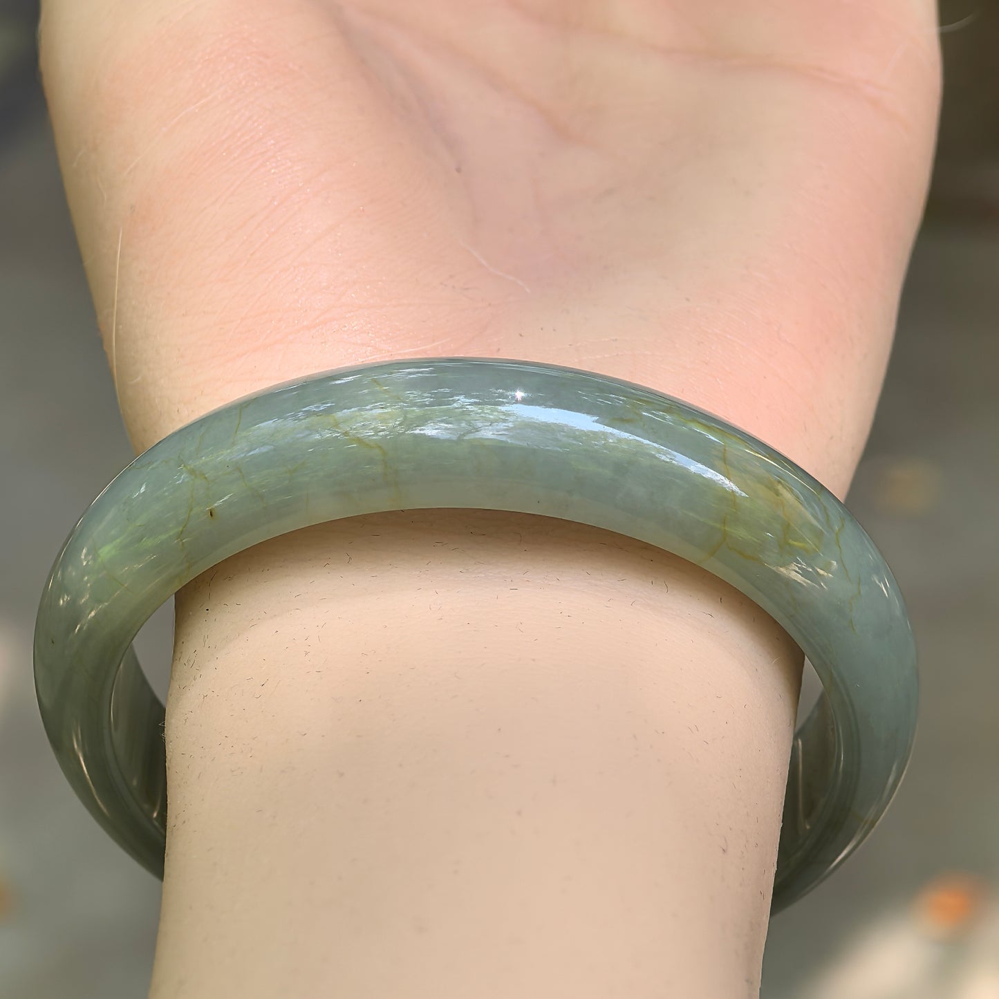 Natural Grade-A Jadeite Oil Green D-Shape Bangle · Burmese Jade 58mm