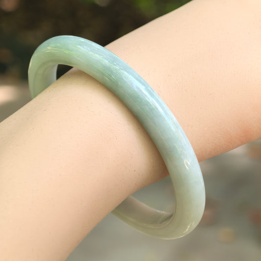 Natural Grade-A Jadeite Pale Green Slim D-Shape Bangle · Burmese Jade 57mm