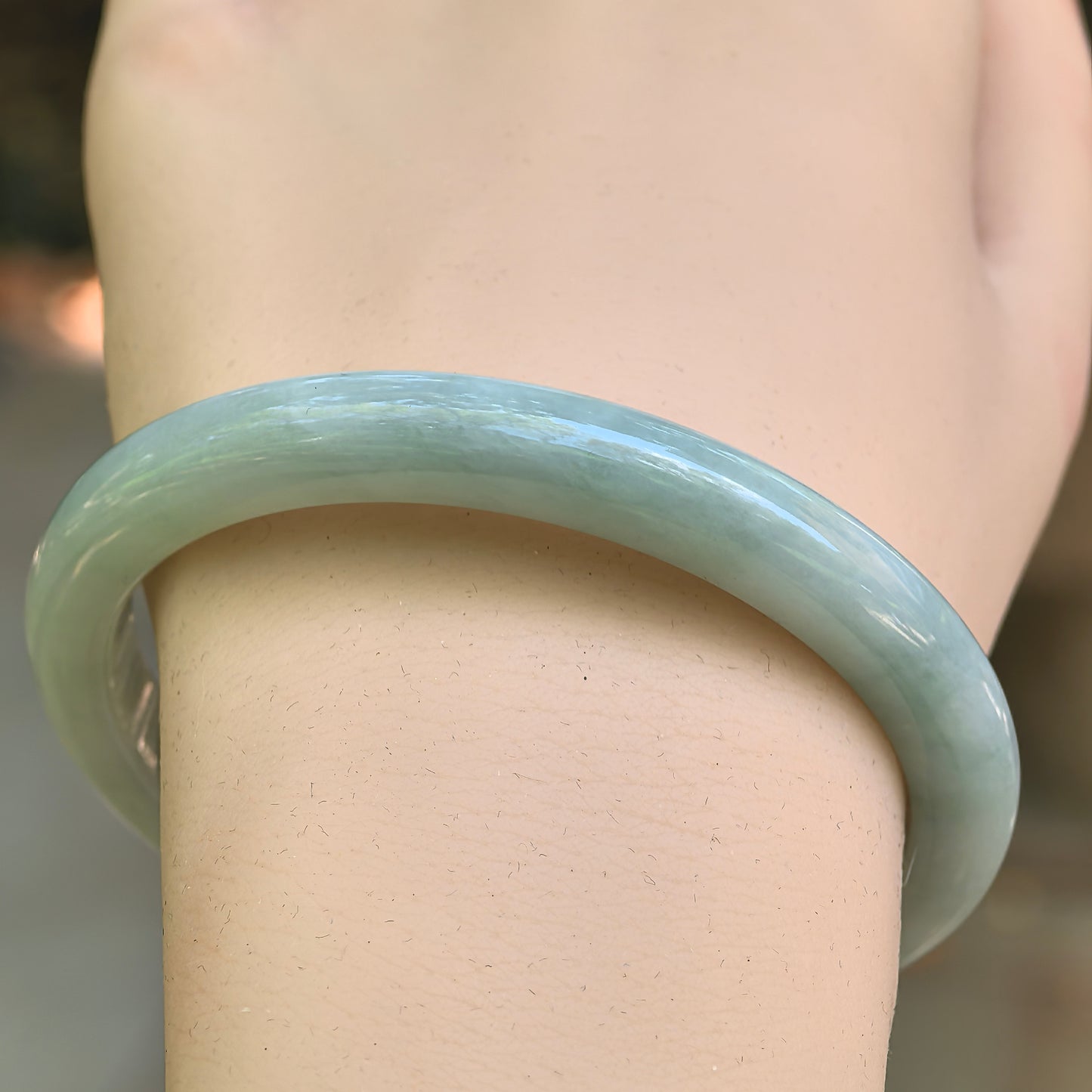 Natural Grade-A Jadeite Pale Green Slim D-Shape Bangle · Burmese Jade 57mm