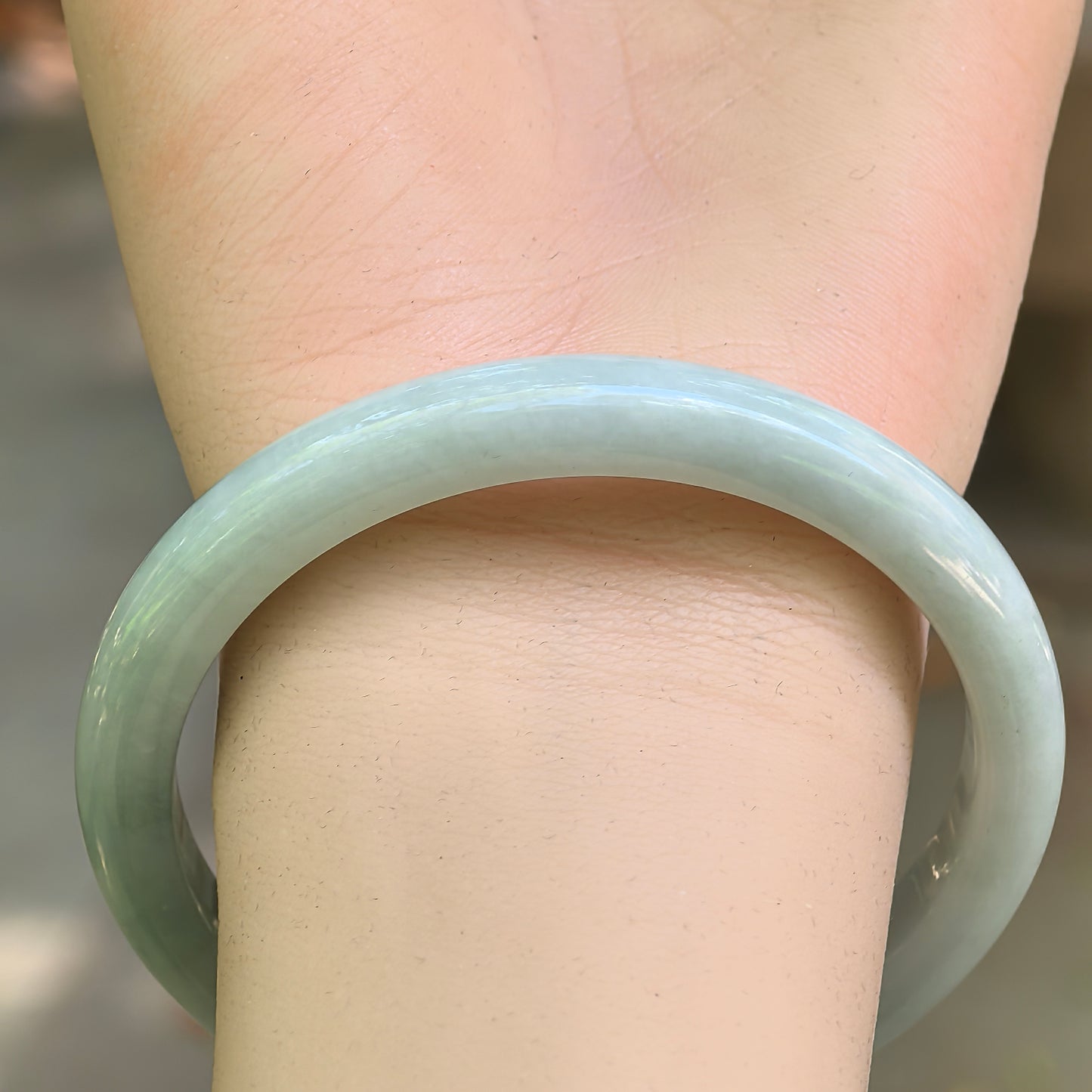 Natural Grade-A Jadeite Pale Green Slim D-Shape Bangle · Burmese Jade 57mm