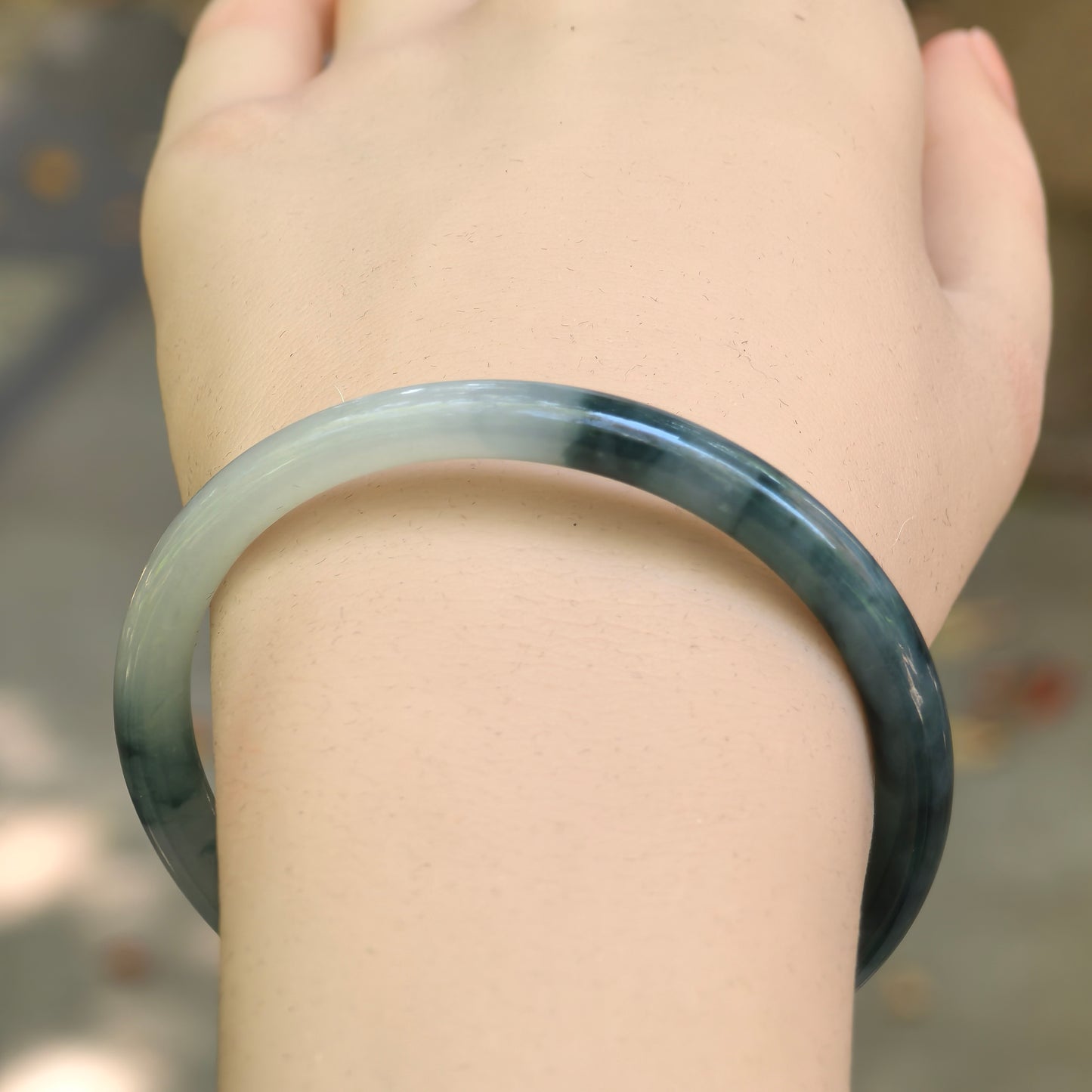 Natural Grade-A Jadeite Glutinous Icy Blue-Green Slim Round Bangle · Burmese Jade 53mm