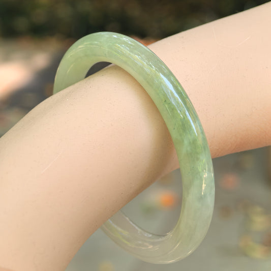 Natural Grade-A Jadeite Icy Translucent Pale Green Round Bangle · Burmese Jade 55mm