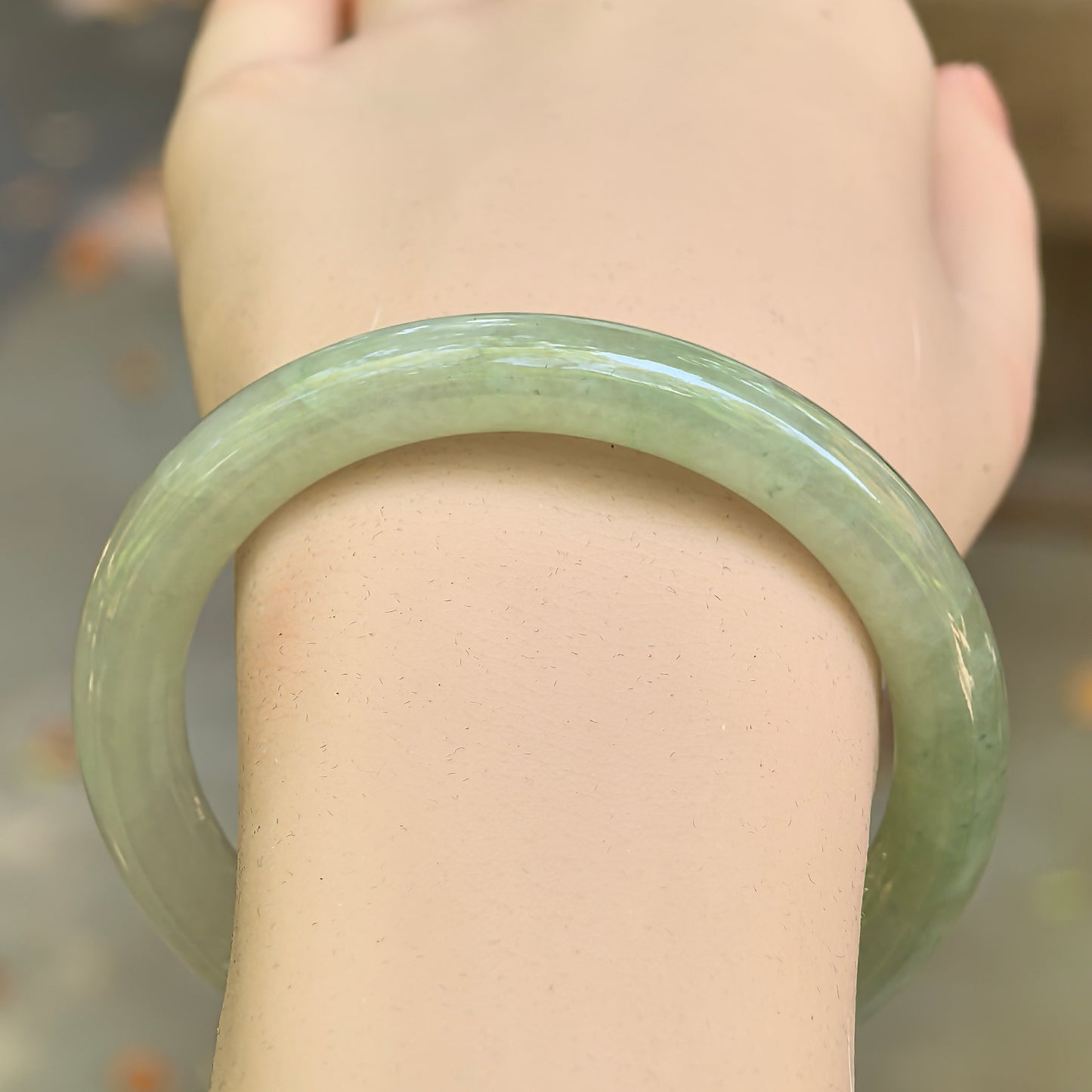 Natural Grade-A Jadeite Icy Translucent Pale Green Round Bangle · Burmese Jade 55mm