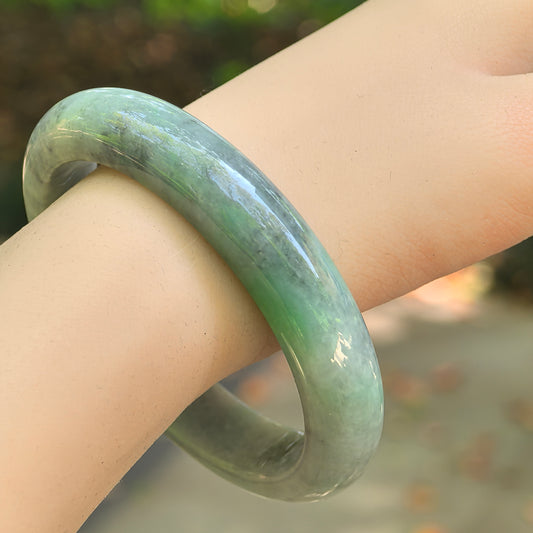 Natural Grade-A Jadeite Black-and-Green D-Shape Bangle · Burmese Jade 58mm