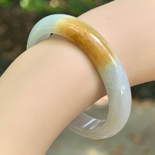 Natural Grade-A Jadeite Glutinous Half Honey Yellow Bangle · Burmese Jade 55mm