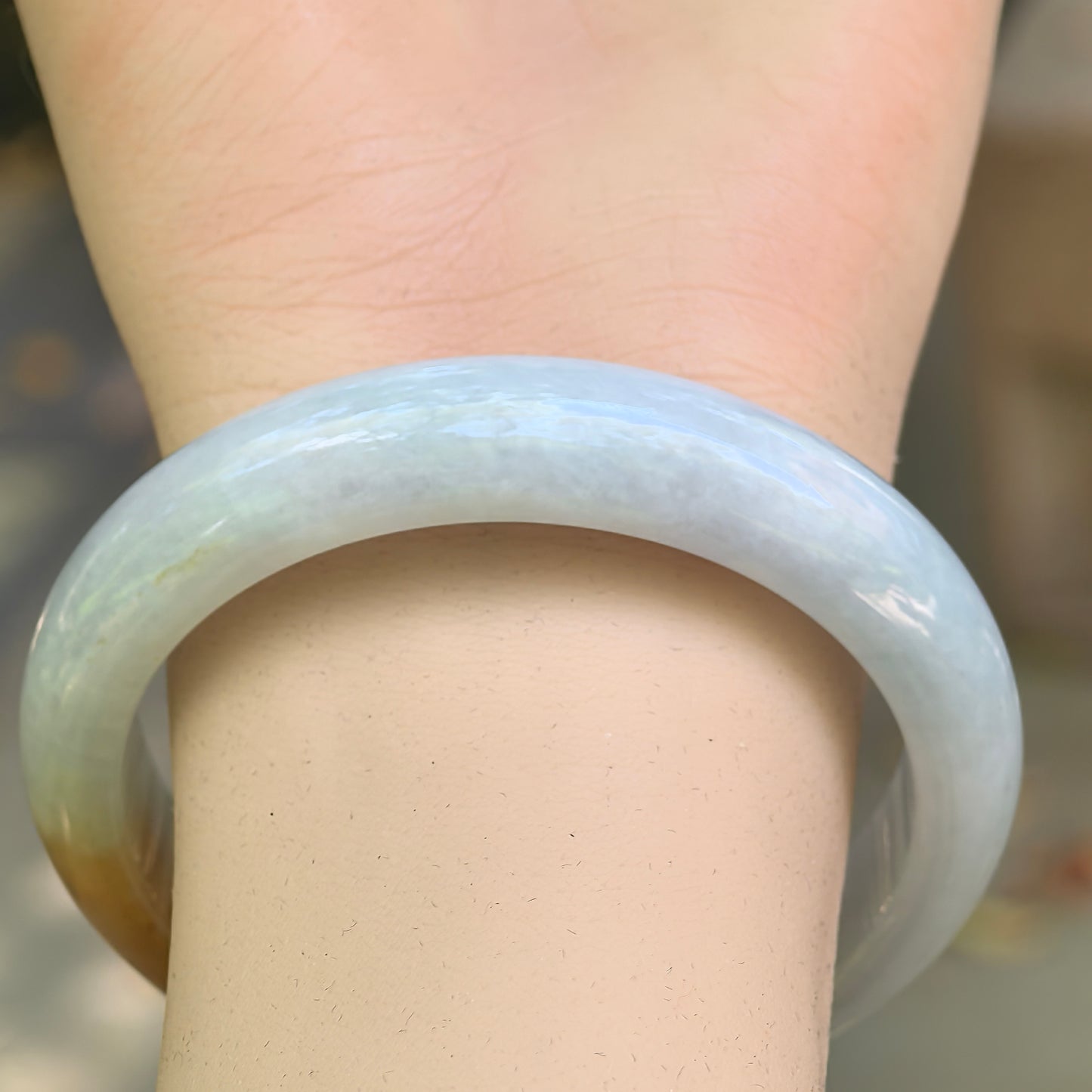 Natural Grade-A Jadeite Glutinous Half Honey Yellow Bangle · Burmese Jade 55mm