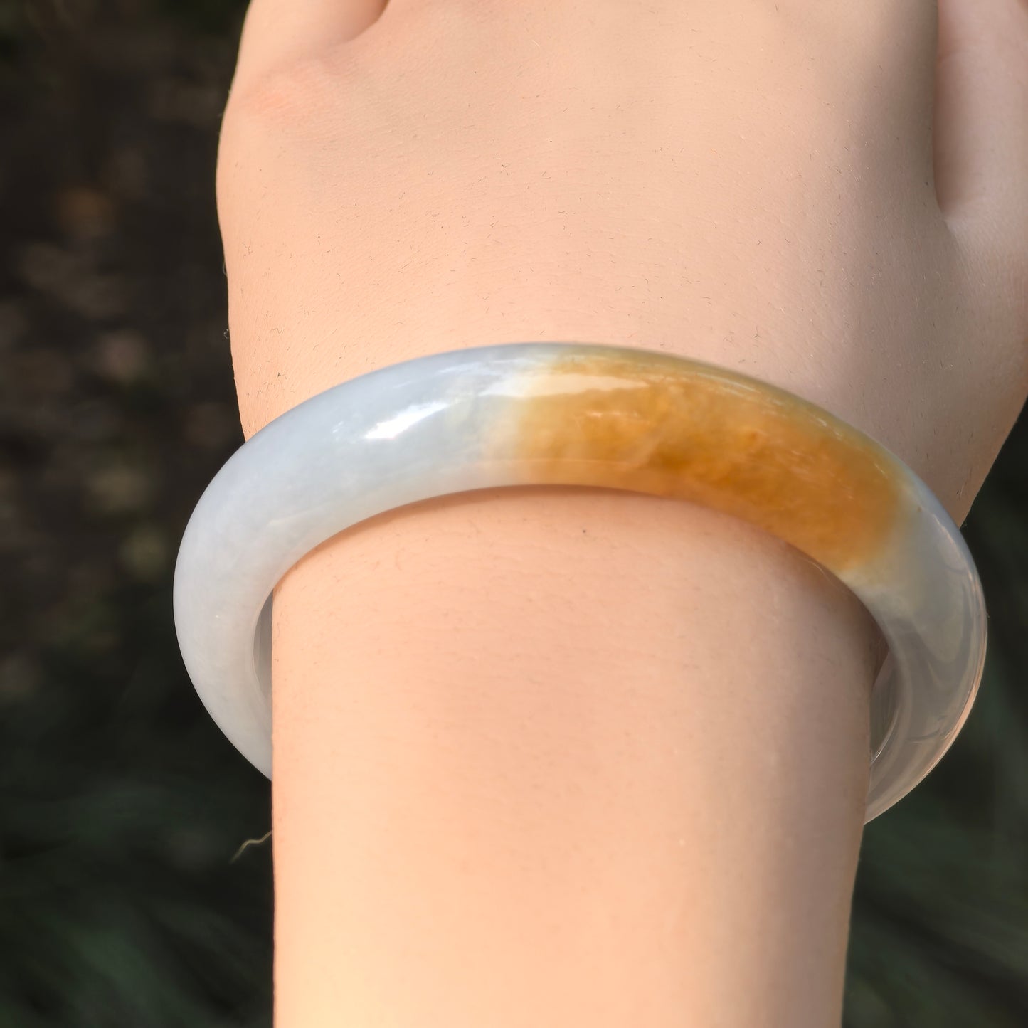 Natural Grade-A Jadeite Glutinous Half Honey Yellow Bangle · Burmese Jade 55mm