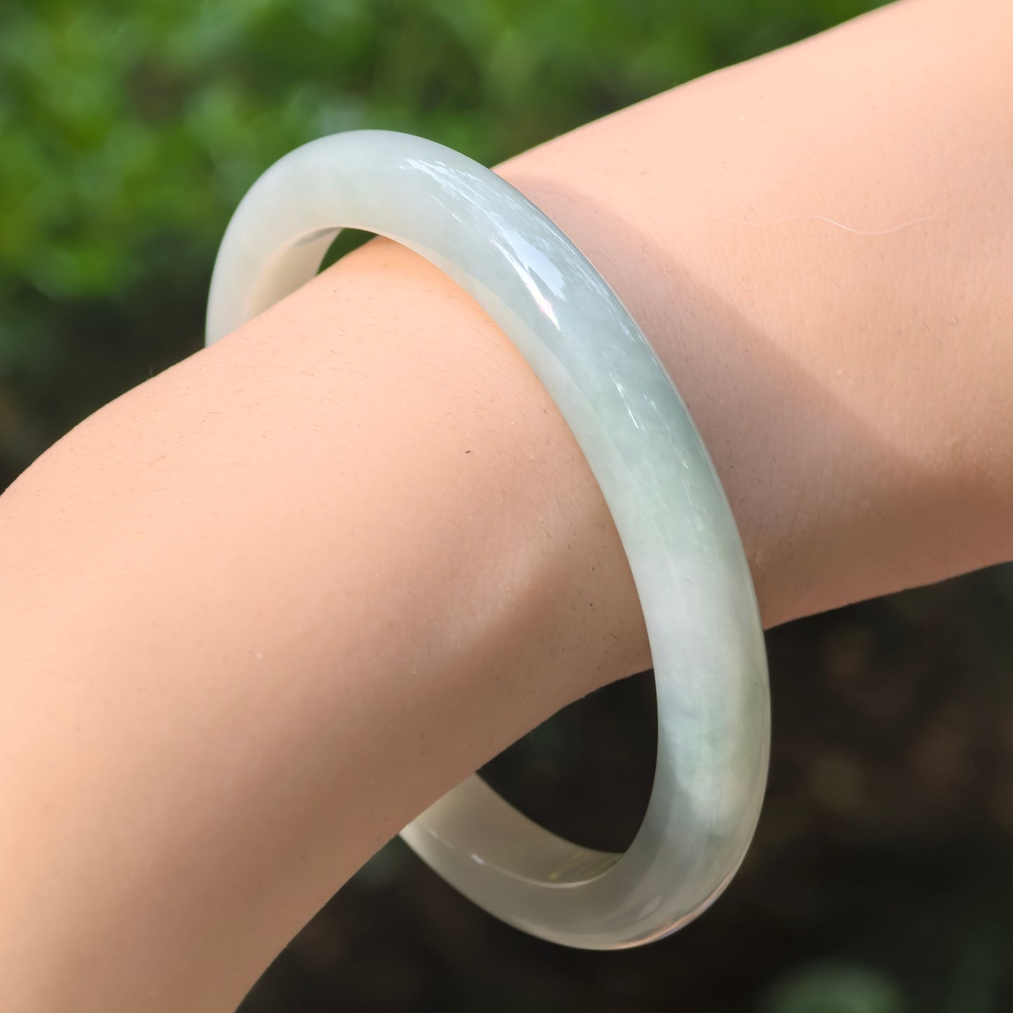 Natural Grade-A Jadeite Pale Green Slim D-Shape Bangle · Burmese Jade 57mm