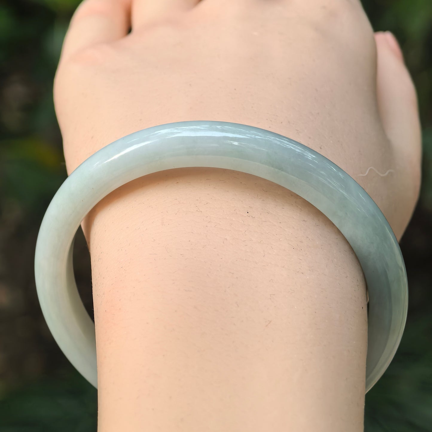 Natural Grade-A Jadeite Pale Green Slim D-Shape Bangle · Burmese Jade 57mm