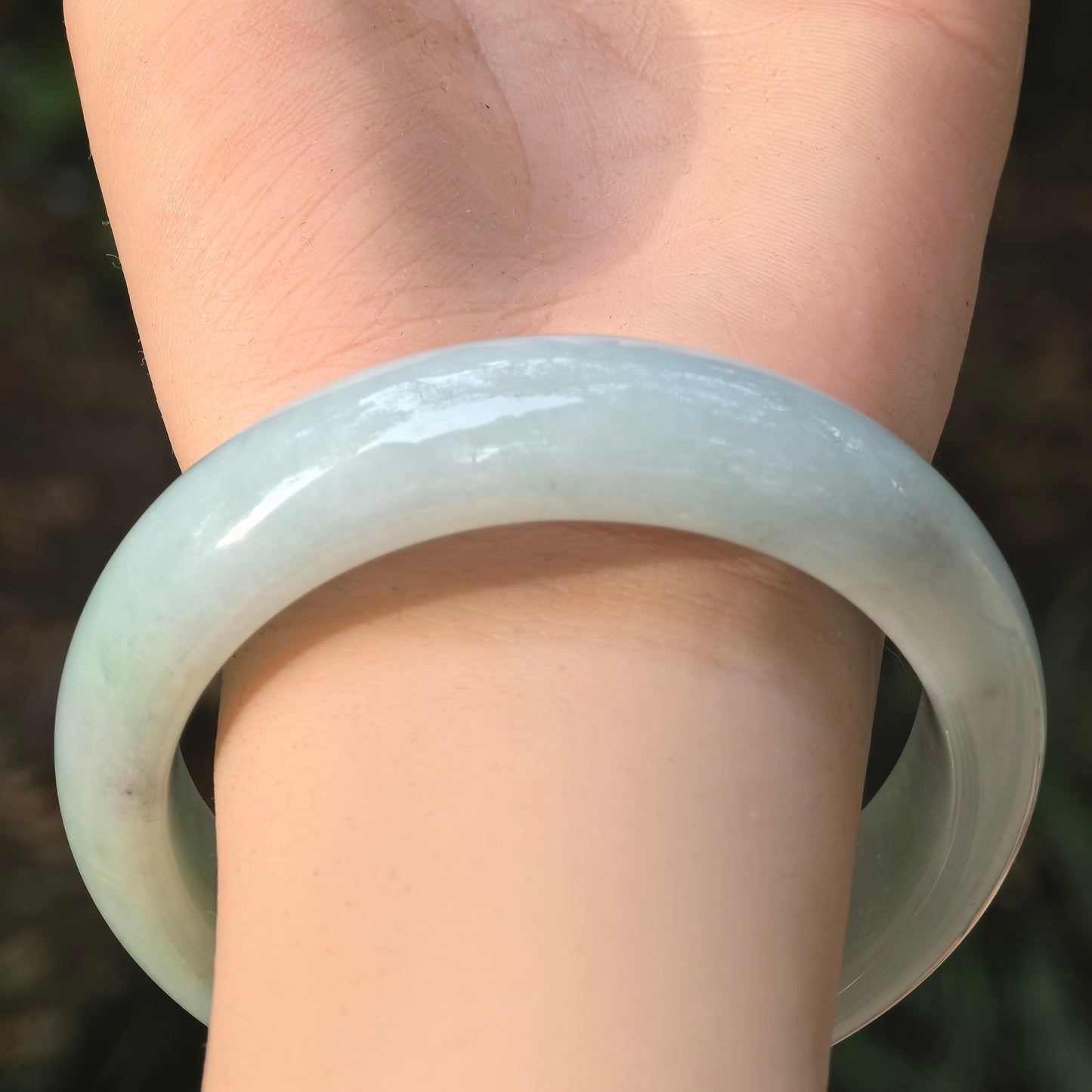 Natural Grade-A Jadeite Light Green Broad D-Shape Bangle · Burmese Jade 59mm
