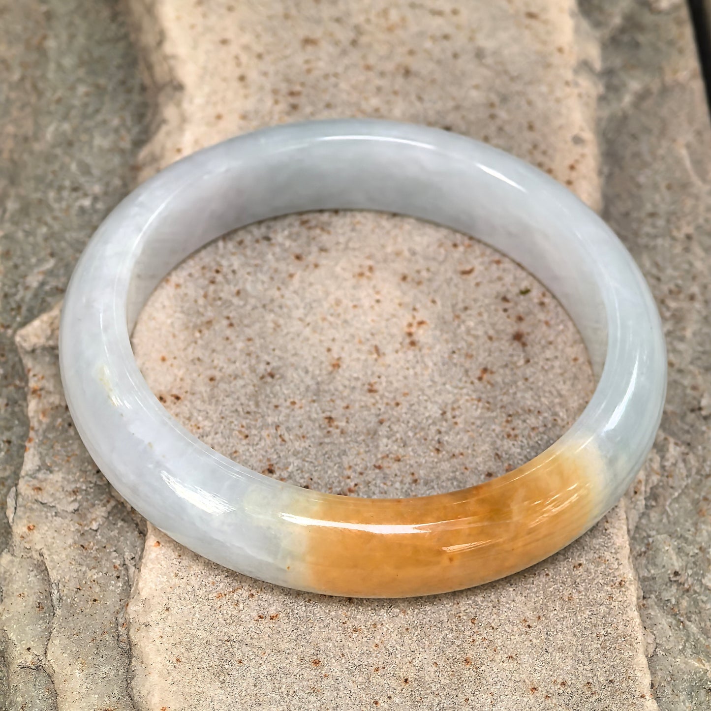 Natural Grade-A Jadeite Glutinous Half Honey Yellow Bangle · Burmese Jade 55mm