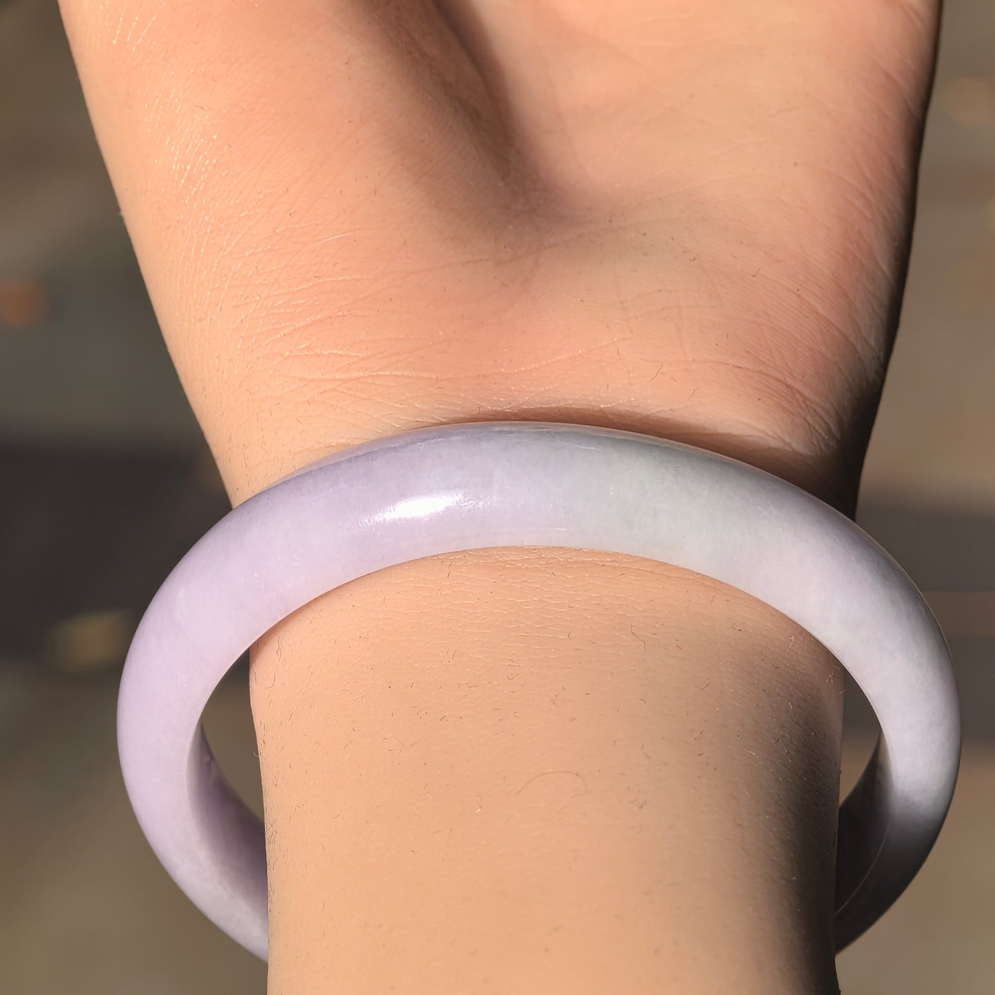 Natural Grade-A Jadeite Glutinous Pale Lavender & Green D-Shape Bangle · Burmese Jade 56mm