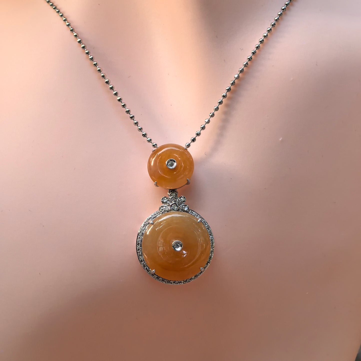 Natural Grade-A Jadeite Yellow Double Peace Pendant in 18K Gold · Burmese Jade