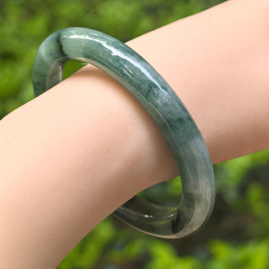 Natural Grade-A Jadeite Glutinous Icy Oil Green D-Shape Bangle · Burmese Jade 54mm