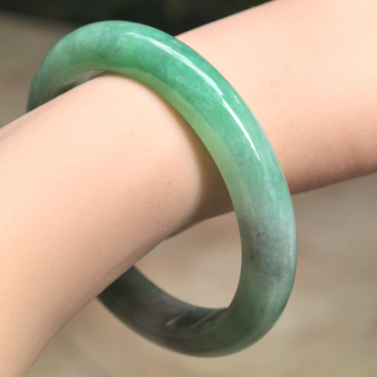 Natural Grade-A Jadeite Glutinous Green Black D-Shape Bangle · Burmese Jade 58mm