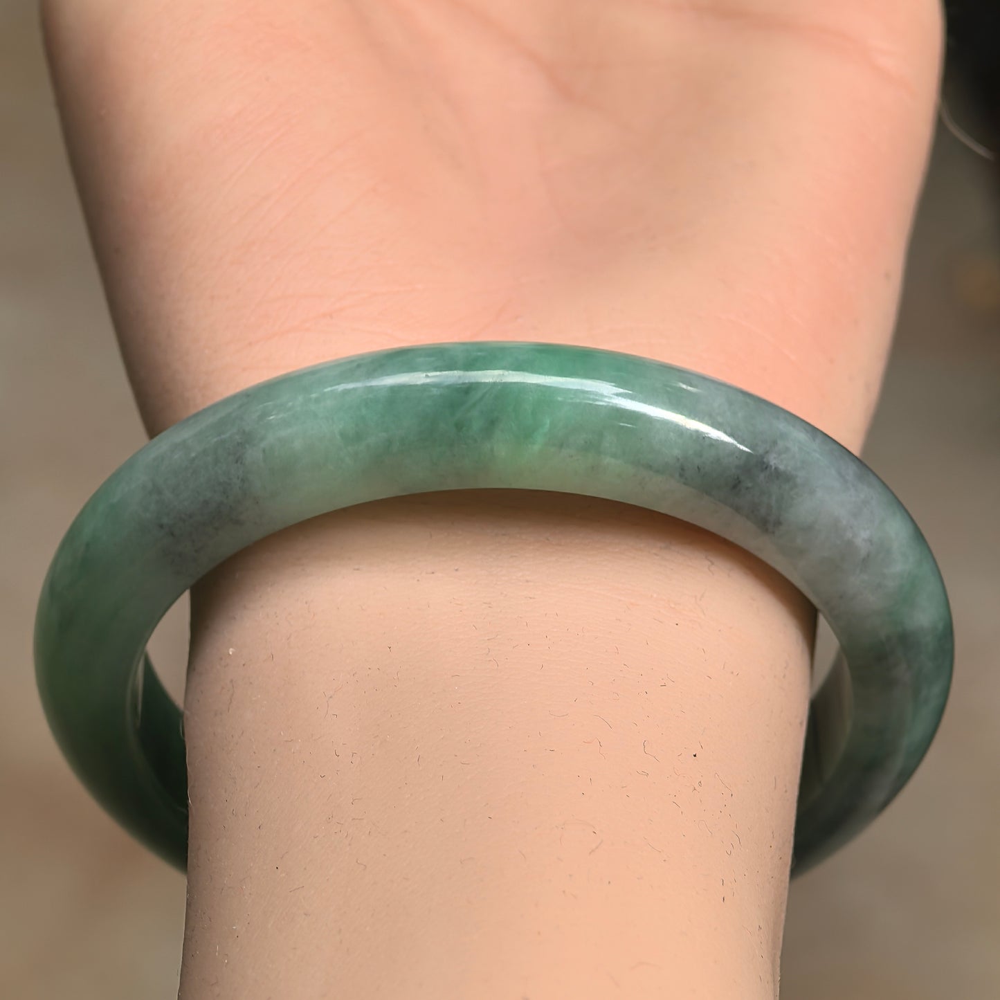 Natural Grade-A Jadeite Glutinous Green Black D-Shape Bangle · Burmese Jade 58mm