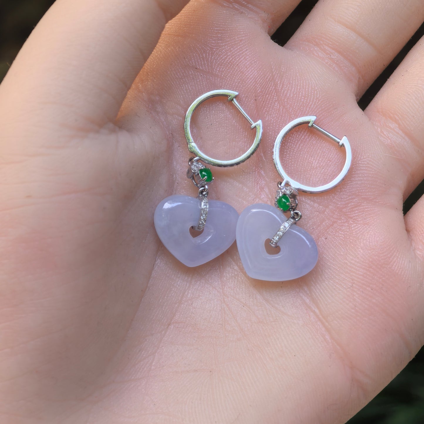 Natural Grade-A Jadeite Glutinous Icy Lavender Heart Earrings in 18K Gold · Burmese Jade