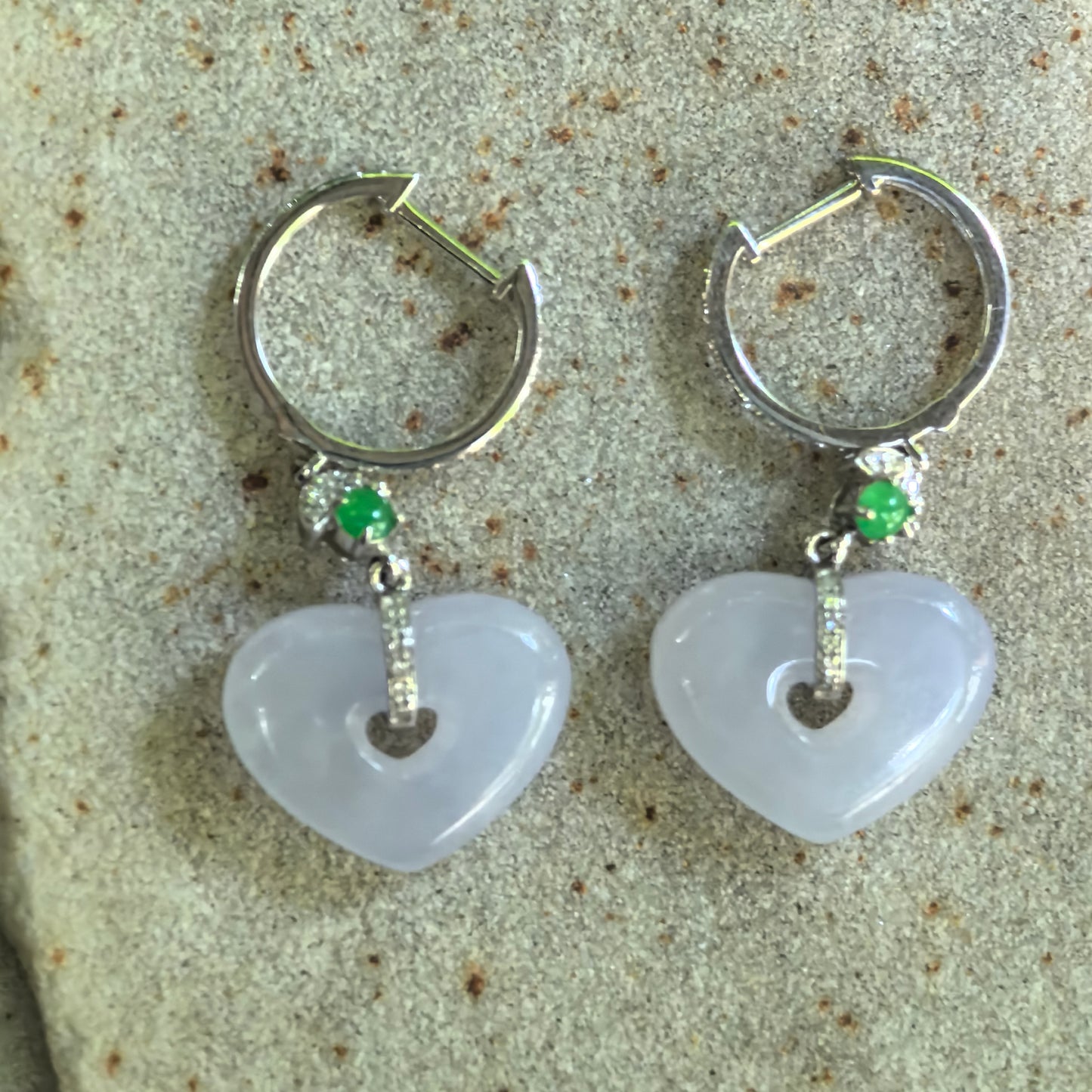 Natural Grade-A Jadeite Glutinous Icy Lavender Heart Earrings in 18K Gold · Burmese Jade