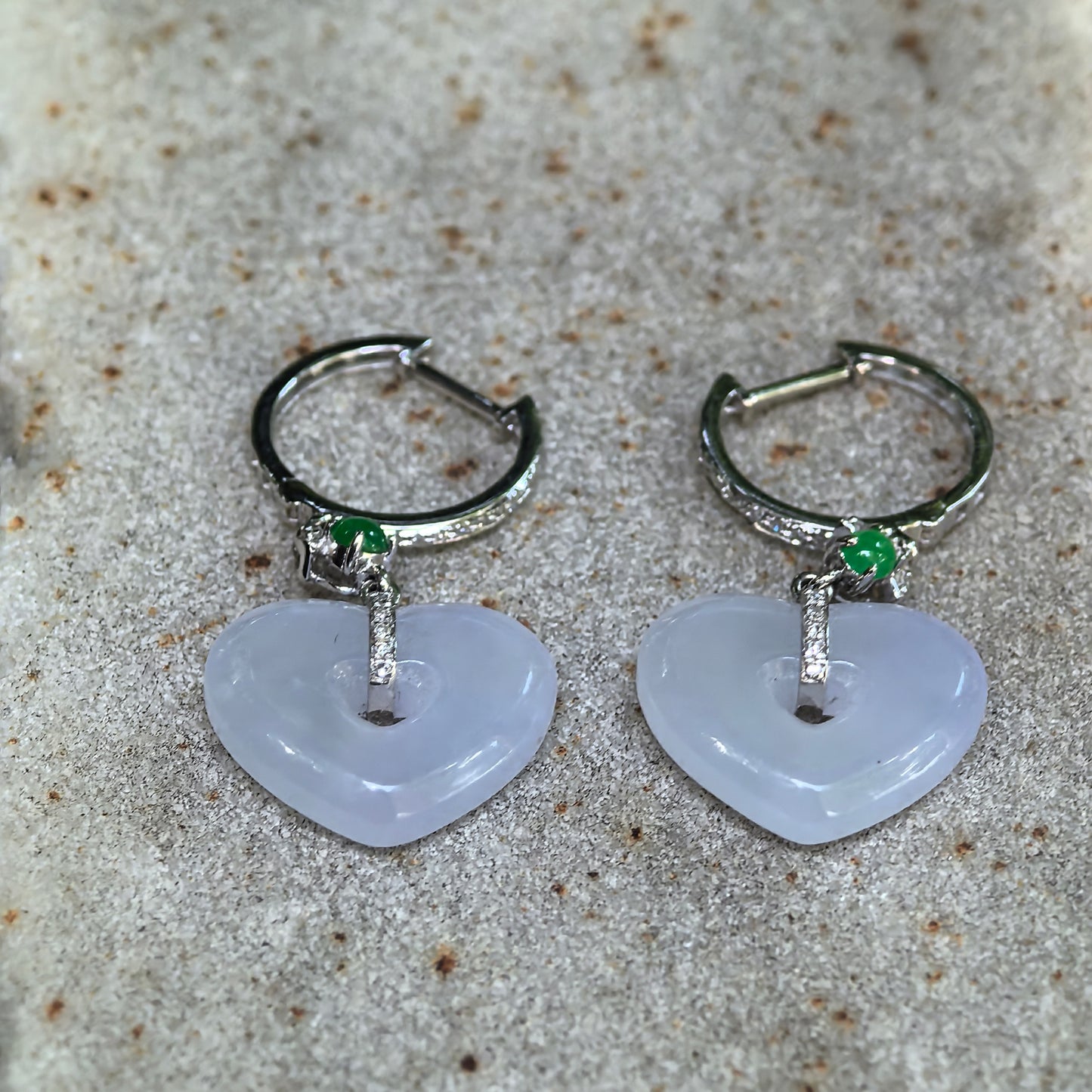 Natural Grade-A Jadeite Glutinous Icy Lavender Heart Earrings in 18K Gold · Burmese Jade
