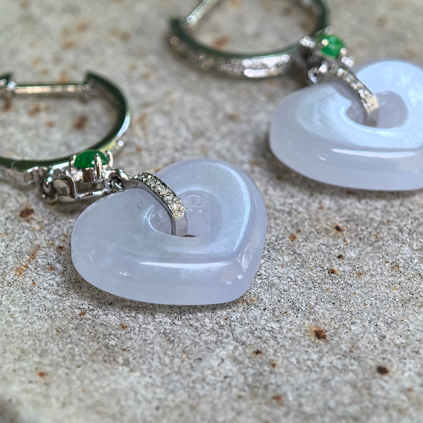Natural Grade-A Jadeite Glutinous Icy Lavender Heart Earrings in 18K Gold · Burmese Jade