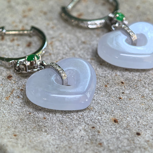 Natural Grade-A Jadeite Glutinous Icy Lavender Heart Earrings in 18K Gold · Burmese Jade