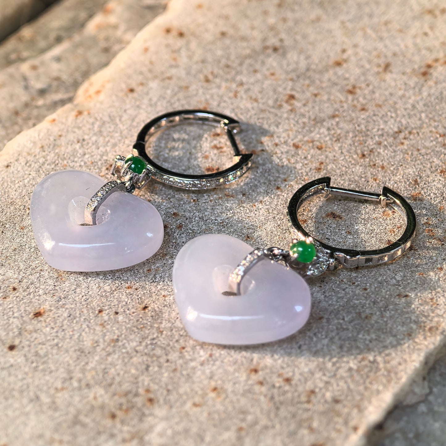 Natural Grade-A Jadeite Glutinous Icy Lavender Heart Earrings in 18K Gold · Burmese Jade