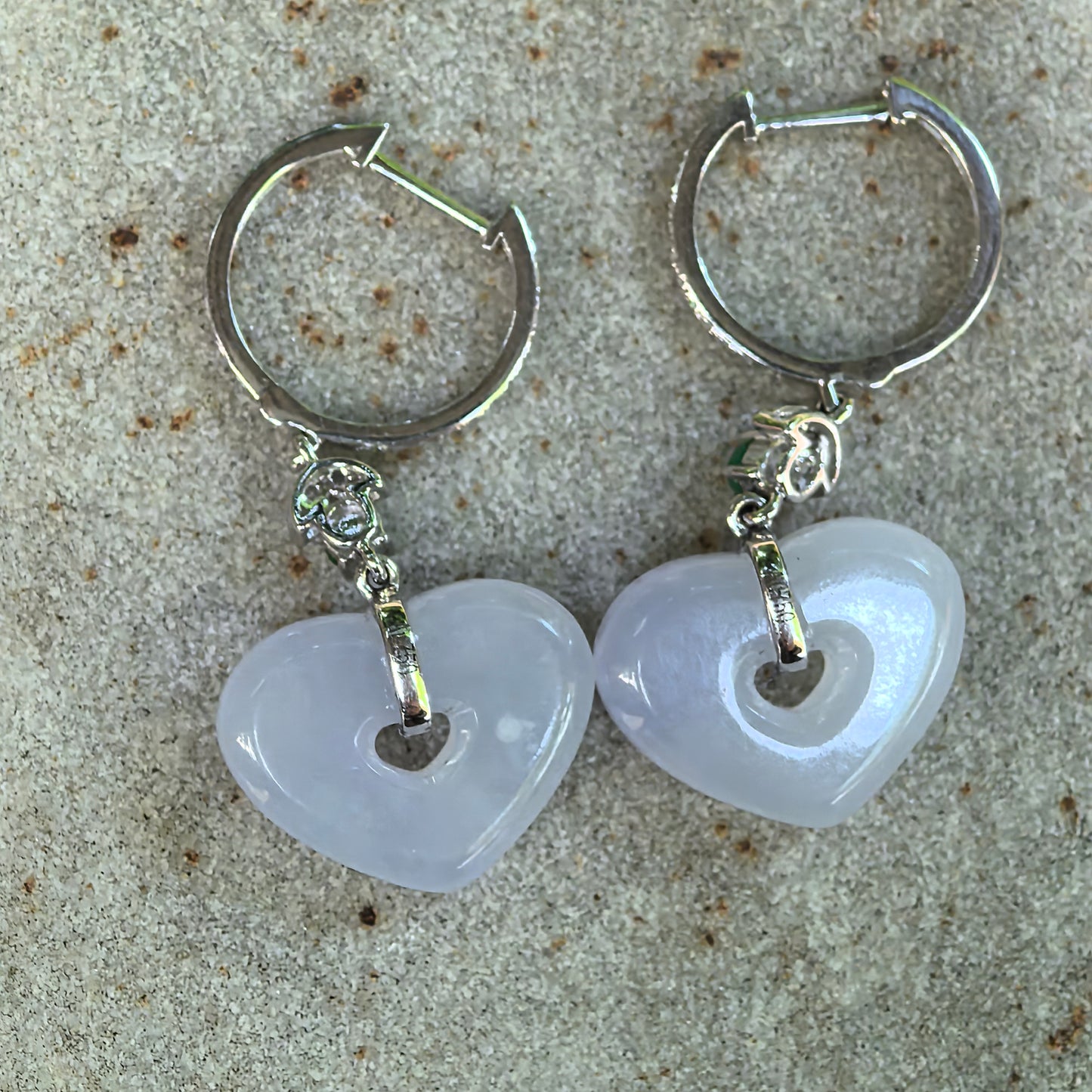 Natural Grade-A Jadeite Glutinous Icy Lavender Heart Earrings in 18K Gold · Burmese Jade