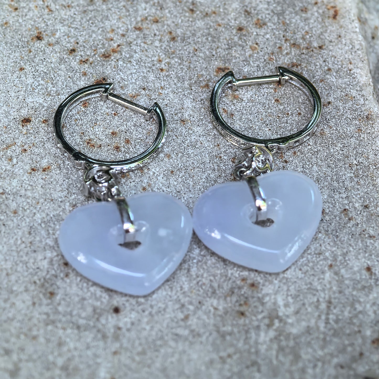 Natural Grade-A Jadeite Glutinous Icy Lavender Heart Earrings in 18K Gold · Burmese Jade