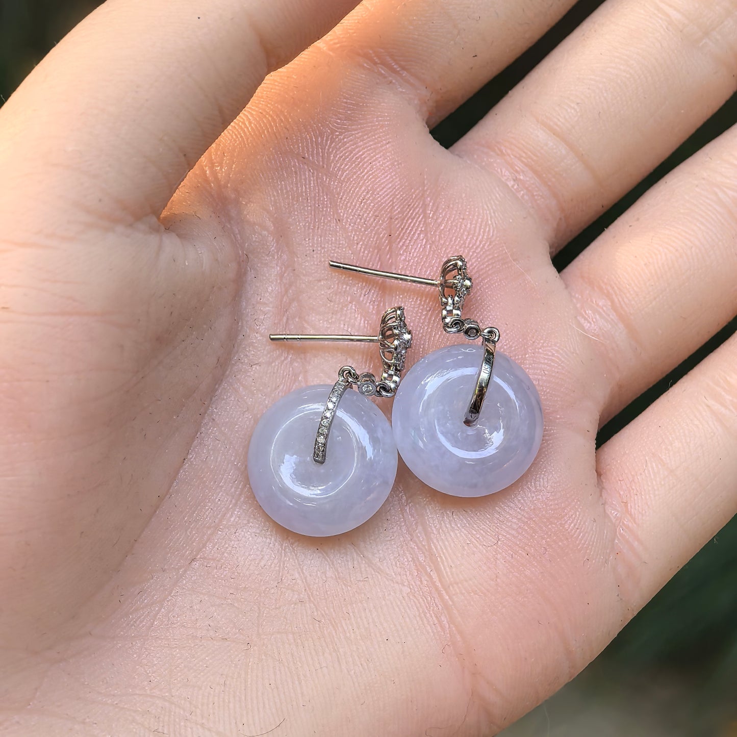 Natural Grade-A Jadeite Glutinous Icy Lavender Peace Pendant Earrings in 18K Gold · Burmese Jade