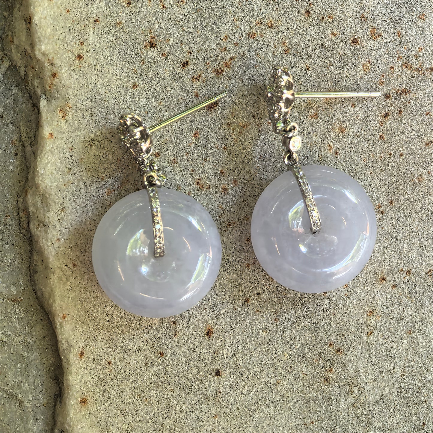Natural Grade-A Jadeite Glutinous Icy Lavender Peace Pendant Earrings in 18K Gold · Burmese Jade