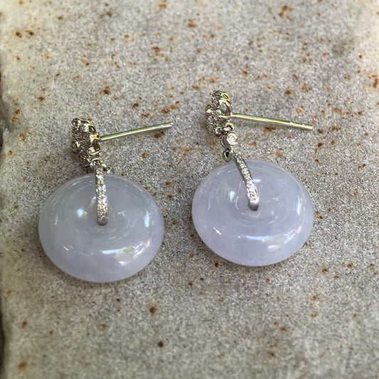 Natural Grade-A Jadeite Glutinous Icy Lavender Peace Pendant Earrings in 18K Gold · Burmese Jade