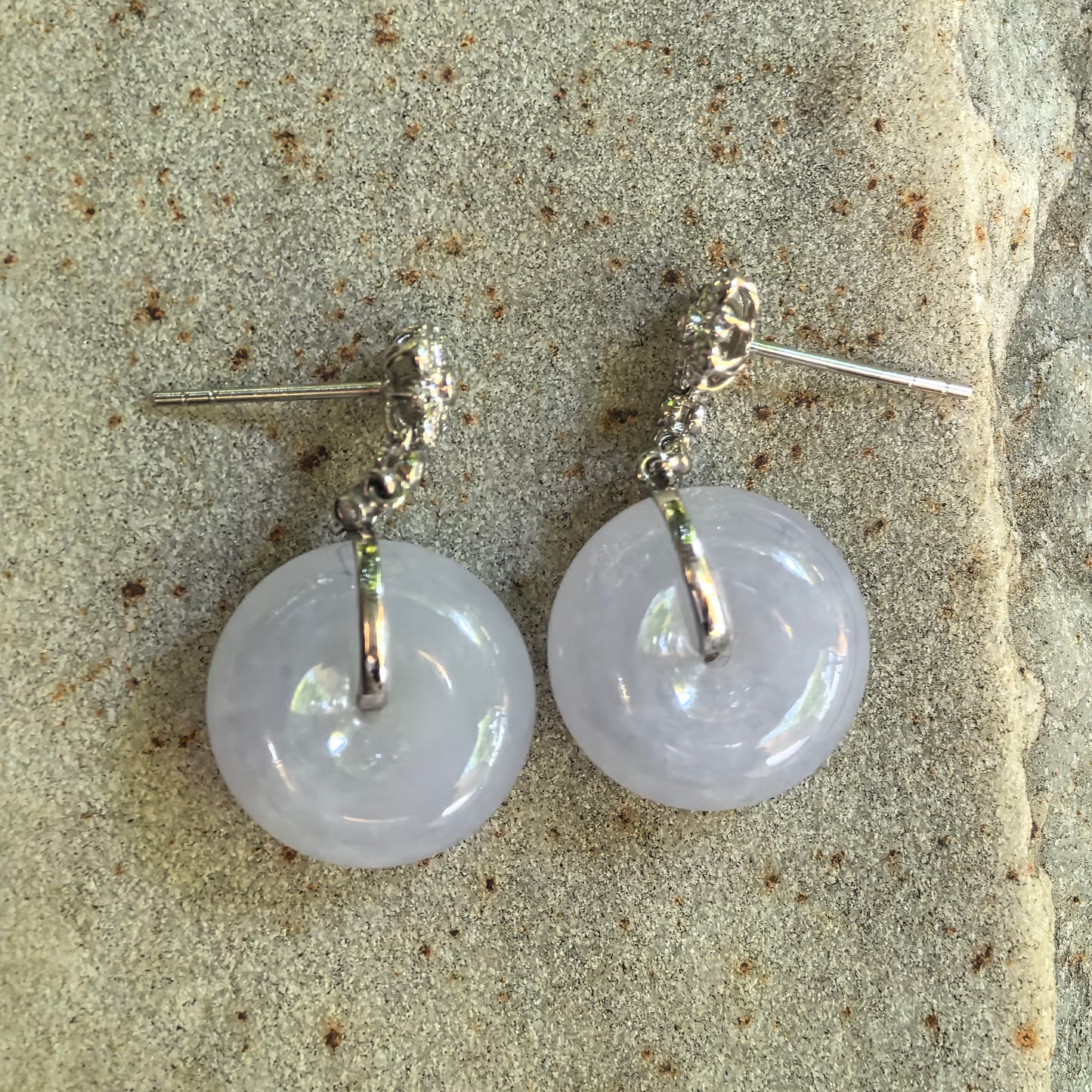 Natural Grade-A Jadeite Glutinous Icy Lavender Peace Pendant Earrings in 18K Gold · Burmese Jade