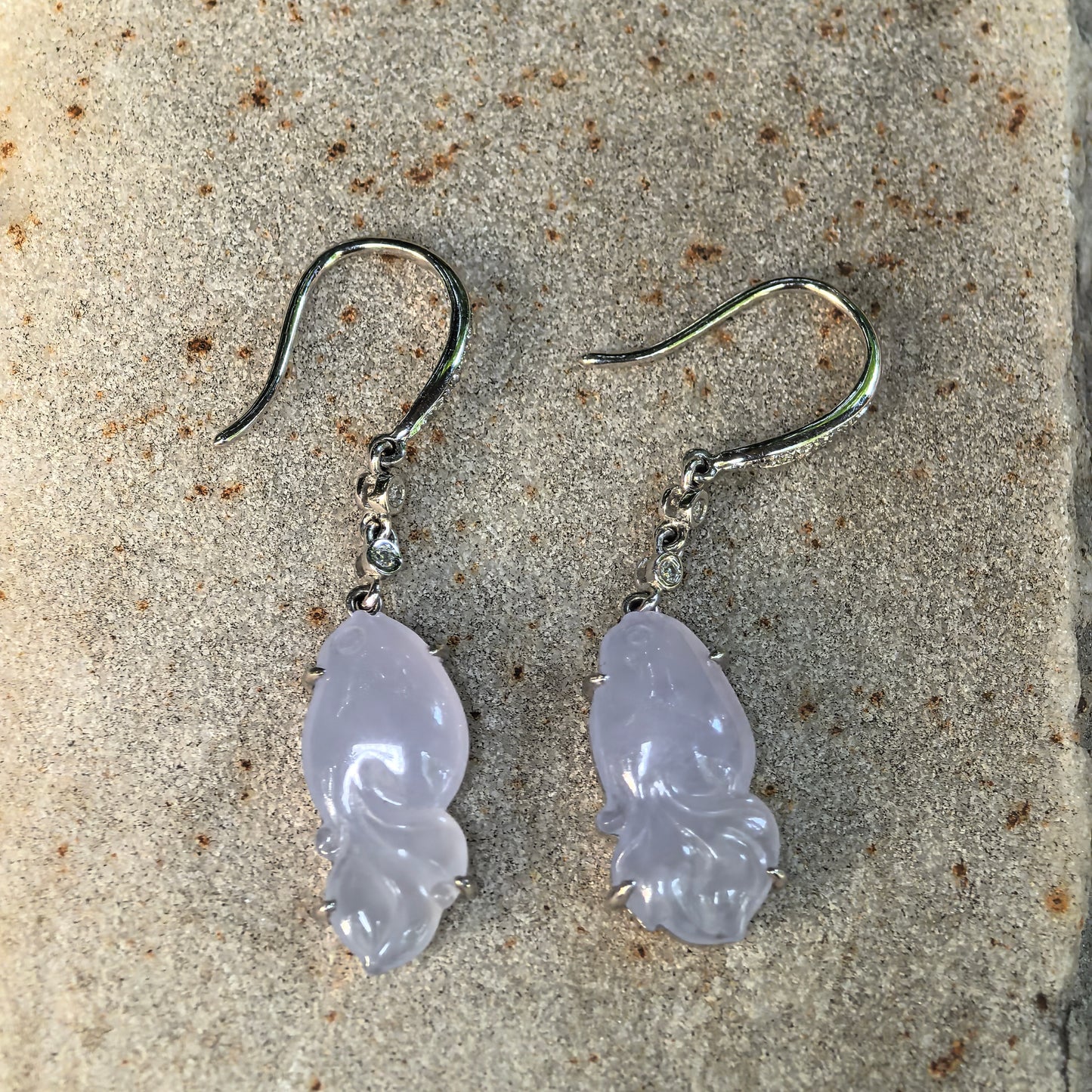 Natural Grade-A Jadeite Glutinous Icy Lavender Fish Earrings in 18K Gold · Burmese Jade