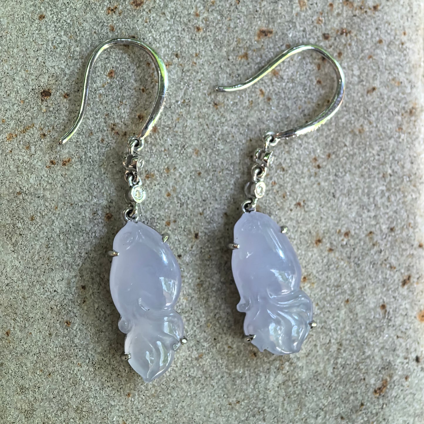 Natural Grade-A Jadeite Glutinous Icy Lavender Fish Earrings in 18K Gold · Burmese Jade