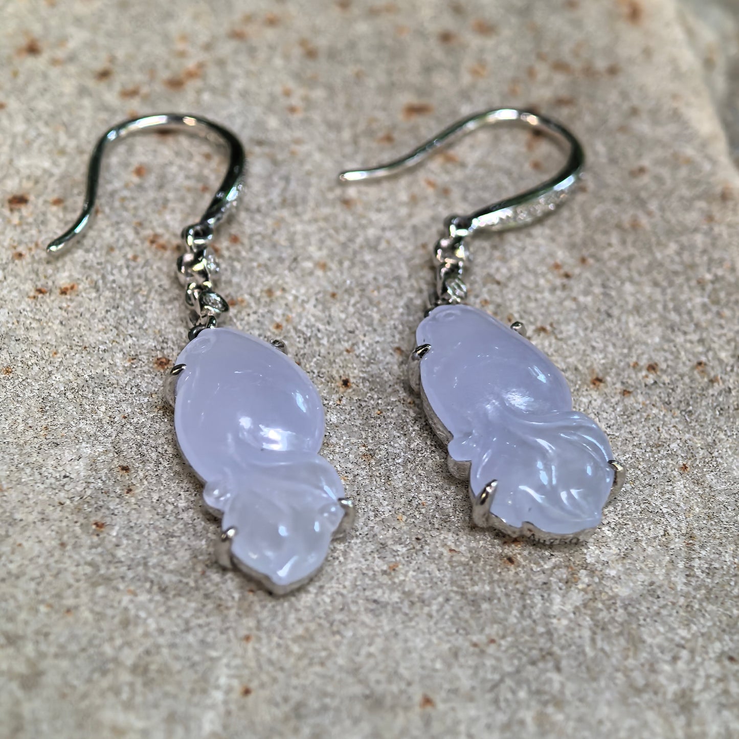 Natural Grade-A Jadeite Glutinous Icy Lavender Fish Earrings in 18K Gold · Burmese Jade